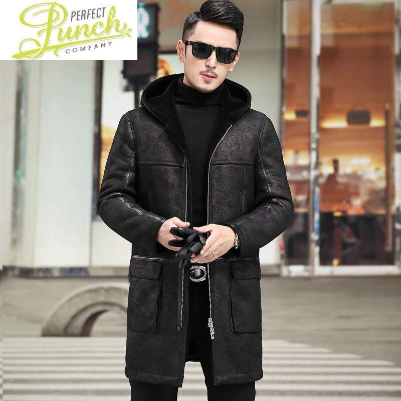 Shearing Real Fur Sheep Winter Genuine Leather Jacket Men Natural Wool Coat Hooded Windbreaker 808 YY796