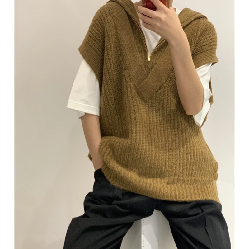 Autumn Winter New 10.26 Custom Fashion Loose Zipper Turtleneck Fake Two Piece Knitted Pullover Vest Sweater Top