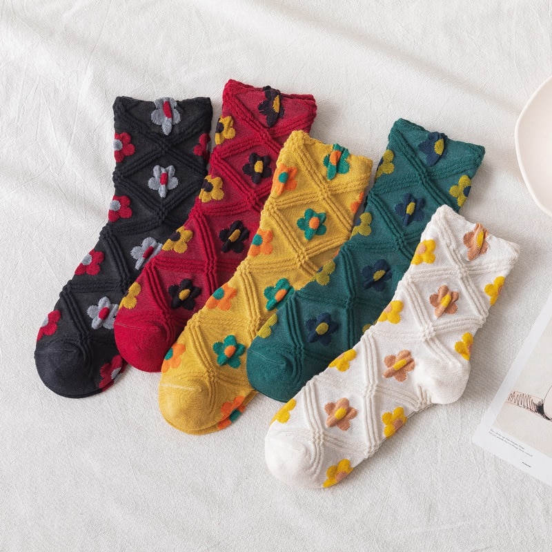 Women Cute Flowers Socks Cotton Harajuku Japanese Casual Winter Female Kawaii Girl Mid Tube Socks Vintage Floral Fashion Long