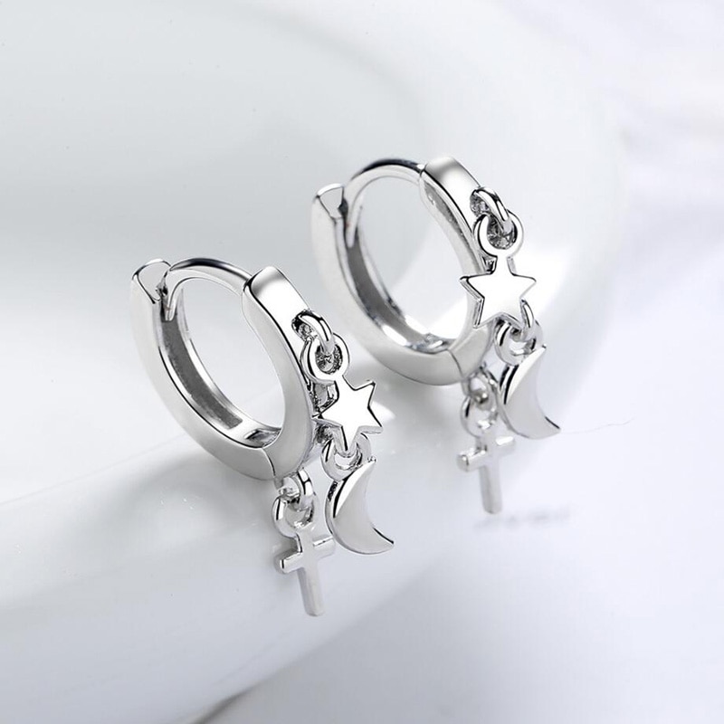 KOFSAC 2021 Fashion 925 Sterling Silver Earrings For Women Creative Star Moon Vintage Cross Hoop Ear Jewelry Girl Birthday Gift