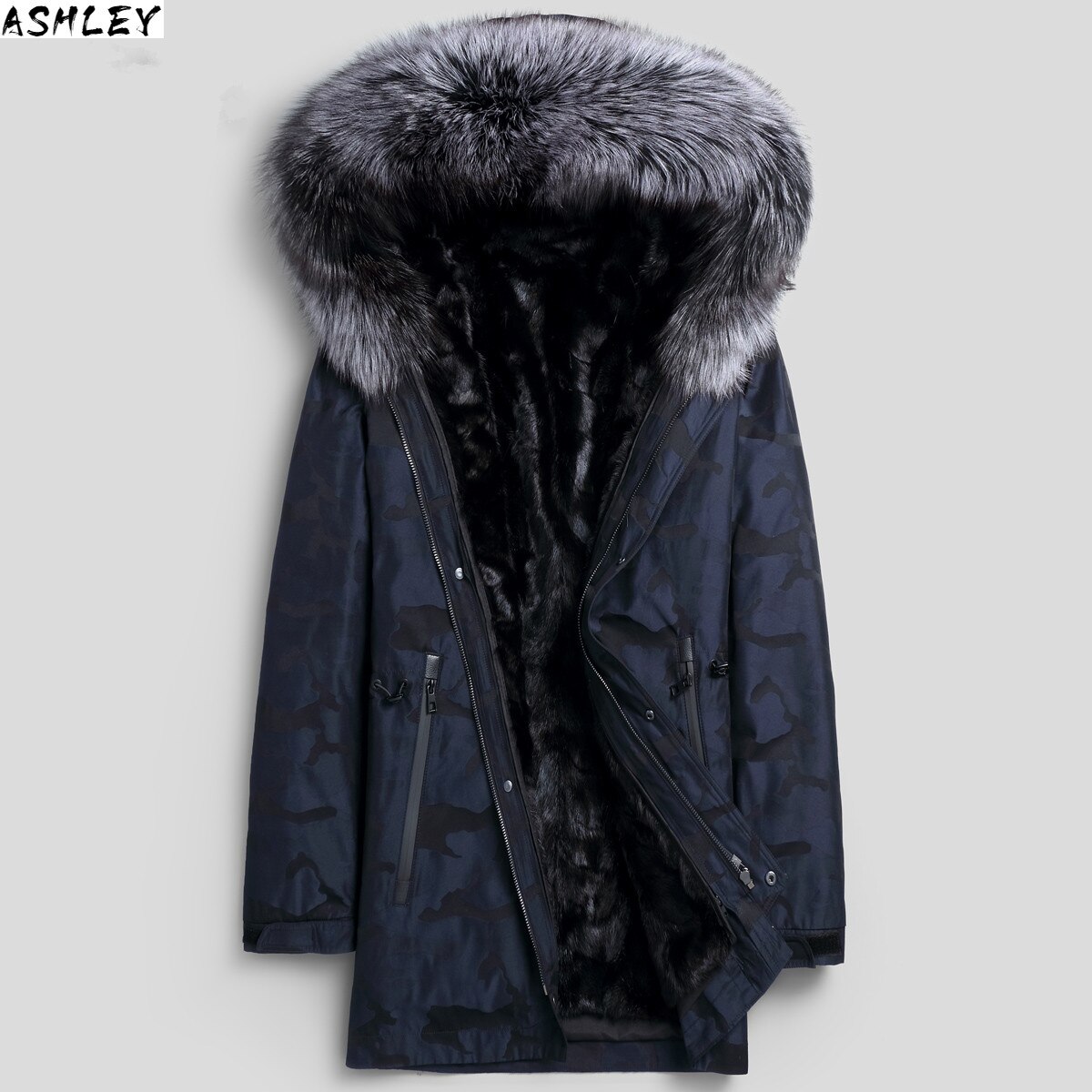 men's Parka Homme, winter coat, men's long coat lined with natural mink, long coat, collar