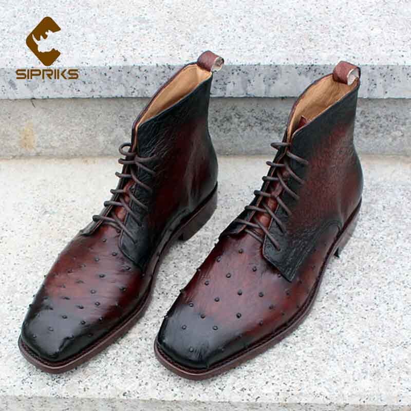 Sipriks 2020 Autumn Winter Ostrich Skin Boots Mens Square Toe Derby Shoes Italian Bespoke Goodyear Welted Shoe Red Brown Black