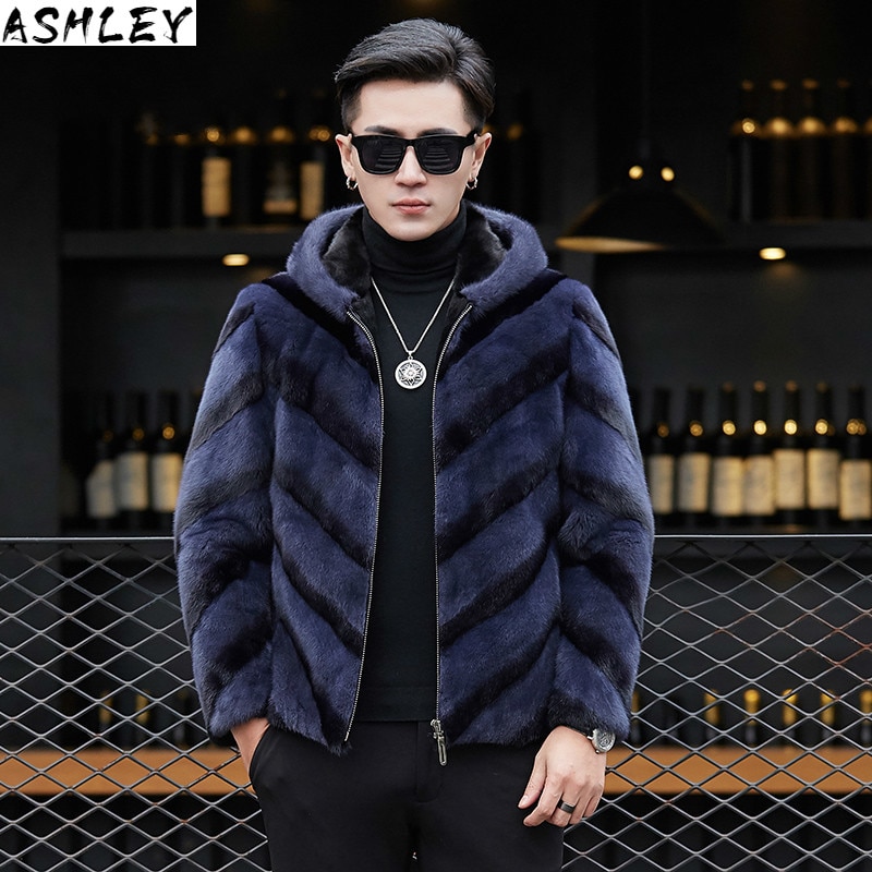 Mink Coat Mens Hooded Real Fur Men Winter Jacket 200% Natural Mink Fur Coats Luxury Jackets Male AW2225-2 KJ2403