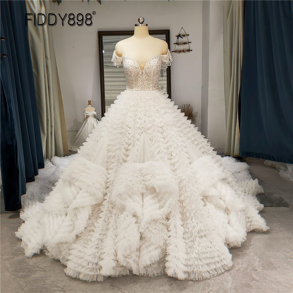 Luxury Tiered Ball Gown Wedding Dress Sweetheart Off-shoulder Bride Dress Crystal Beadings Long Train Wedding Dresses for Women