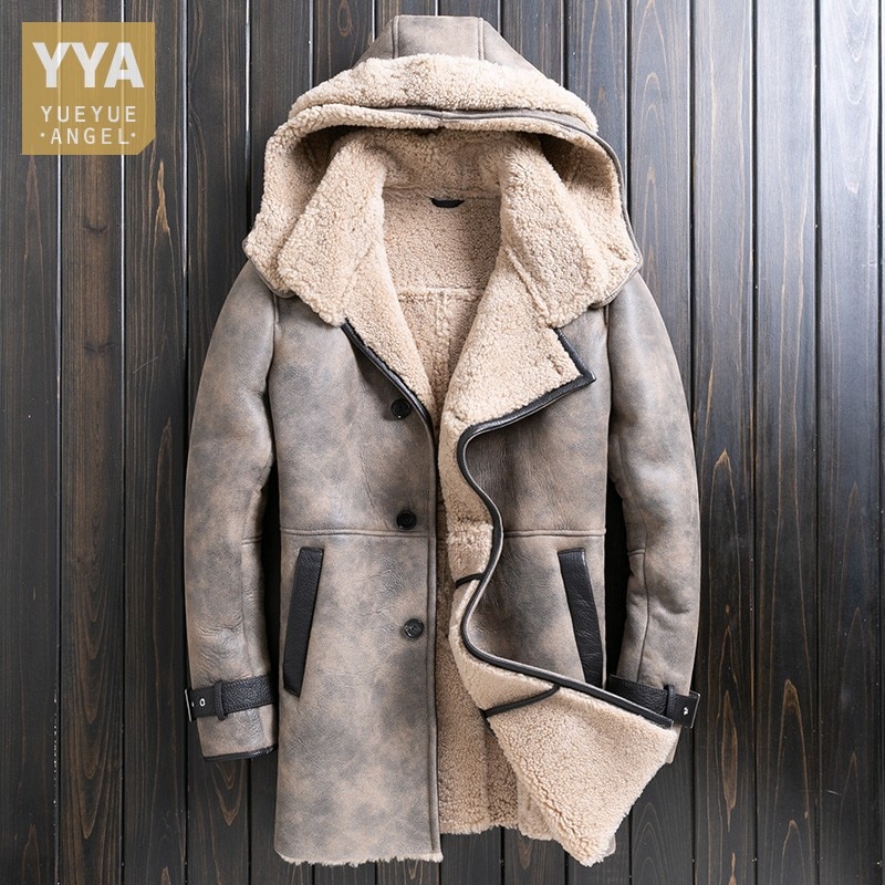 Winter Thick Hooded Sheepskin Shearling Coat Men Warm Lambswool Real Fur Long Jacket High Street Casual Genuine Leather Overcoat