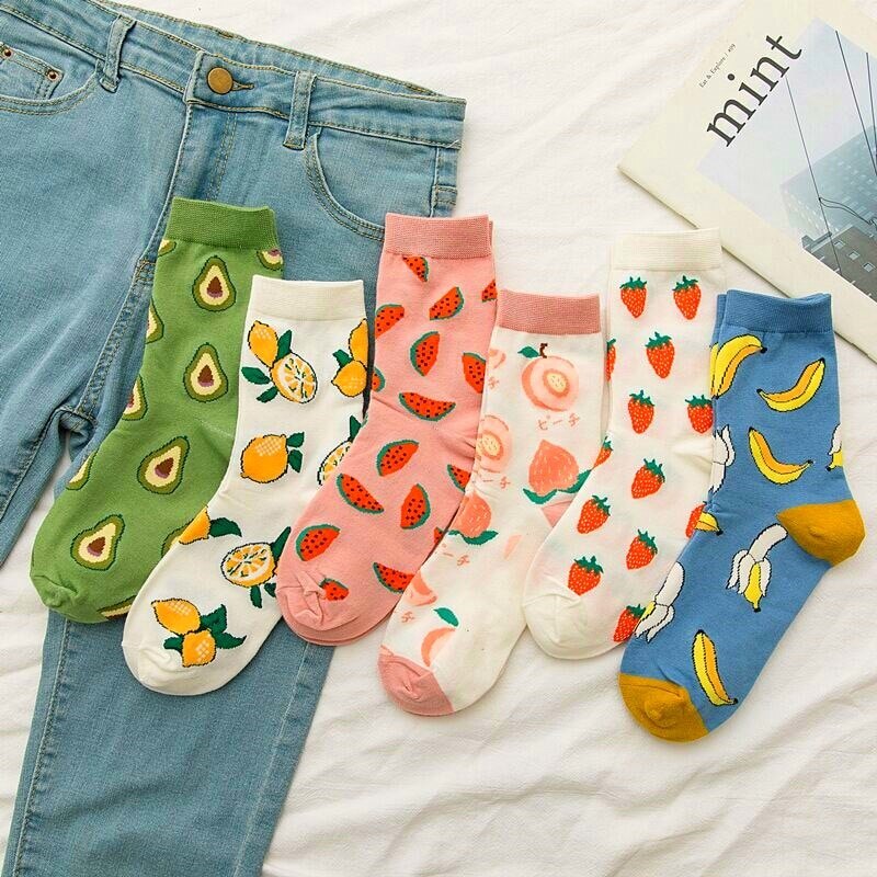 1 Pair Kawaii Women Socks Happy Funny Socks Fruit Harajuku Candy Colors Mid Socks Casual Crew Socks Women Size 35-42 Short Socks