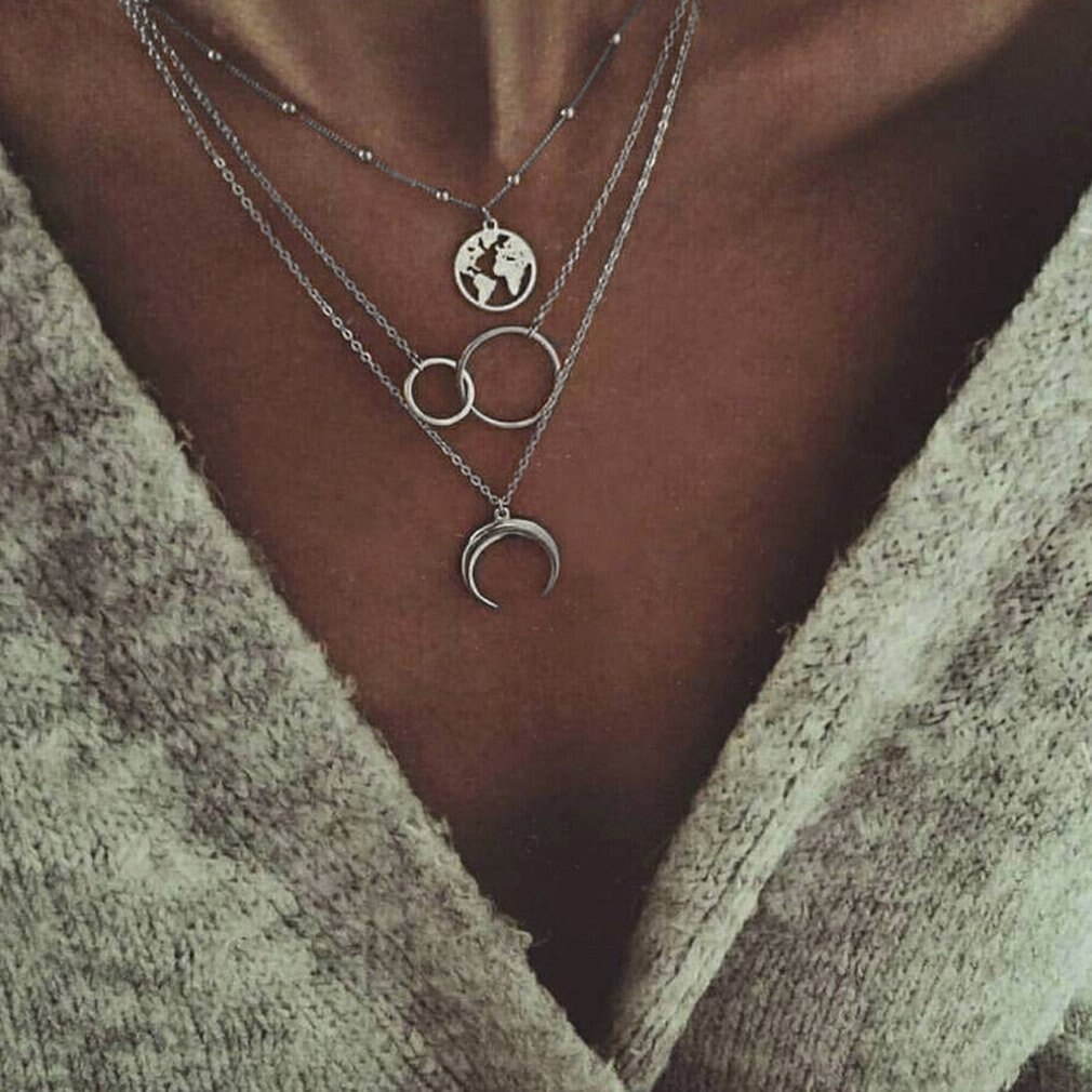 Bohemian Necklace Multilayer Moon Map Necklace Female Personality Boho Vintage Necklace Retro Chain necklace Women Birthday Gift