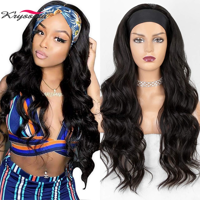 kryssma Long Wavy Headband Wig for Black Women None Replacement Body Wave Synthetic Headwraps Hair Wig 2020 New Fashion