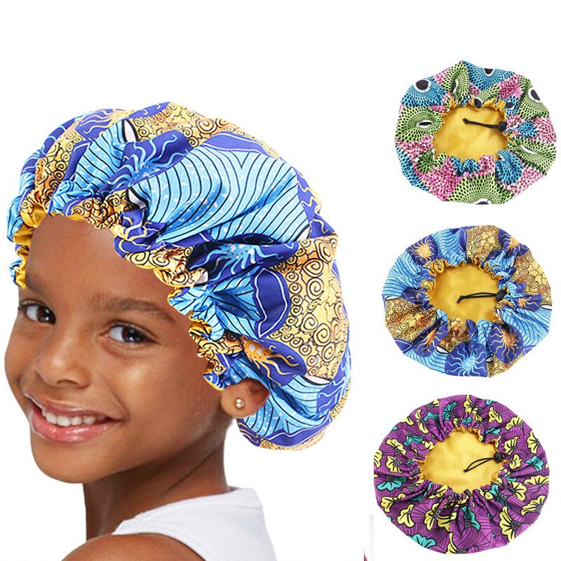 50pcs/lot Extra Large Sleep Cap kids Adjustable African print Ankara Satin Bonnet sleep cap turban hat Night Sleep Chemo Cap