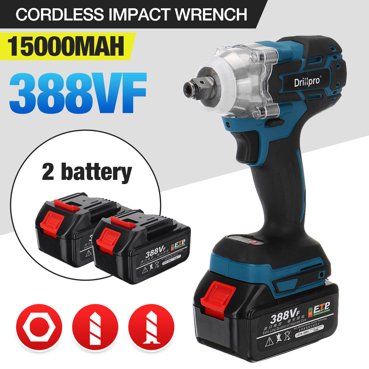 388vf 520N.M Brushless Cordless Electric Impact Wrench Power Tools with 15000Amh Li Battery +LED light Adapt to Makita battery