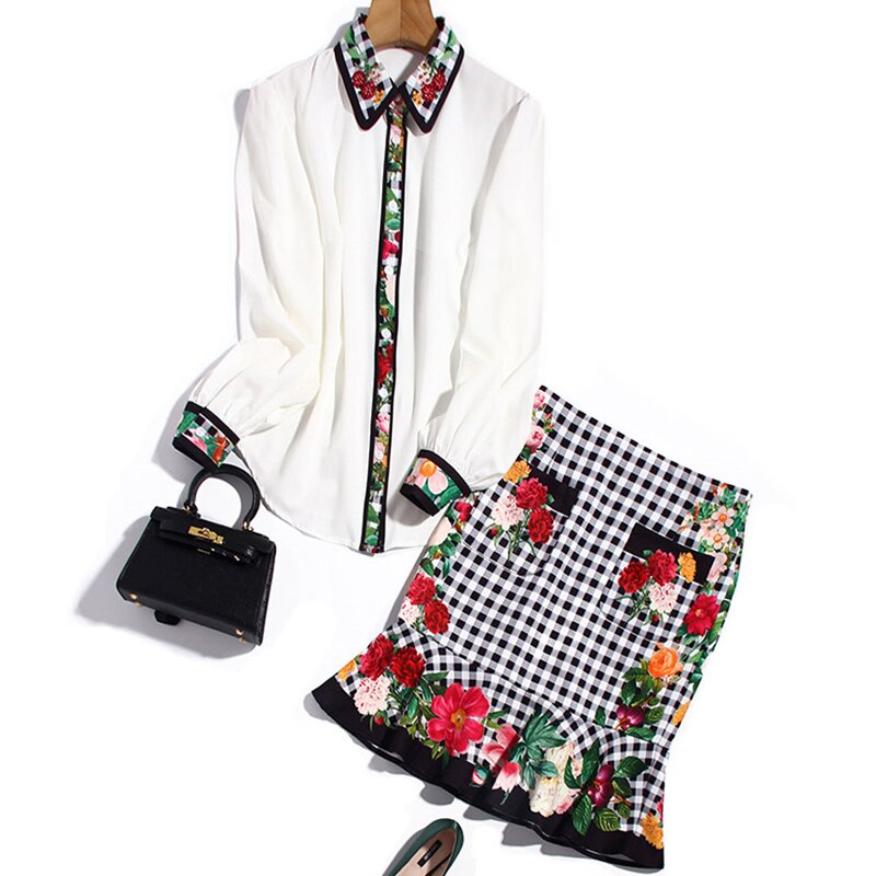 2021 Spring Fashion Runway 2 Piece Outfit Women Floral Beading White Shirt and Fishtail Skirt Suit Matching Set Vintage Twinset