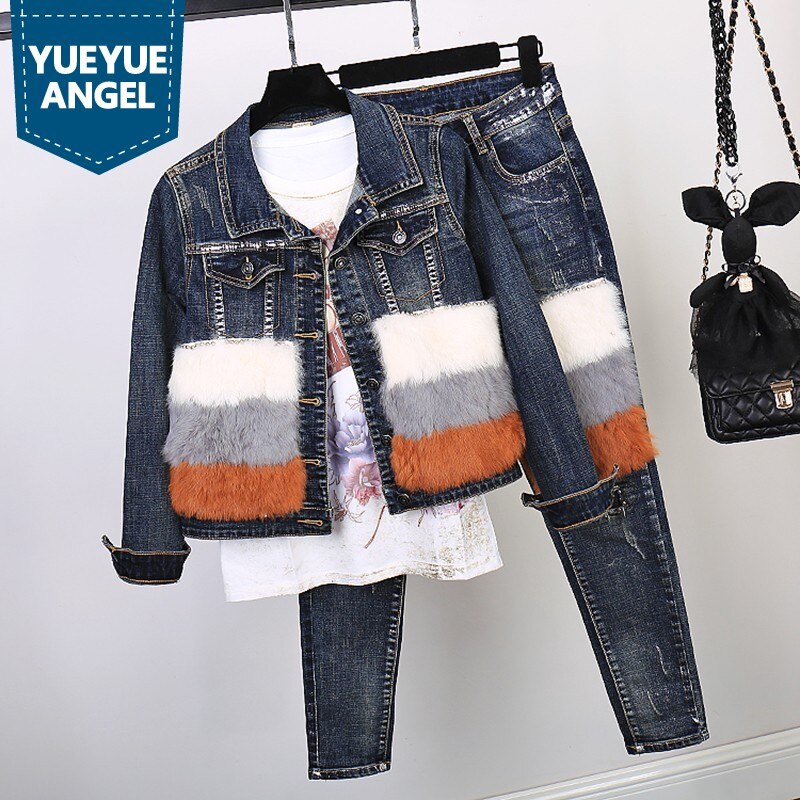 Rabbit Fur Splice Denim Coat Pencil Pants Two Piece Set Autumn Winter Single Breasted Casual Long Sleeve Jackets Jeans Set