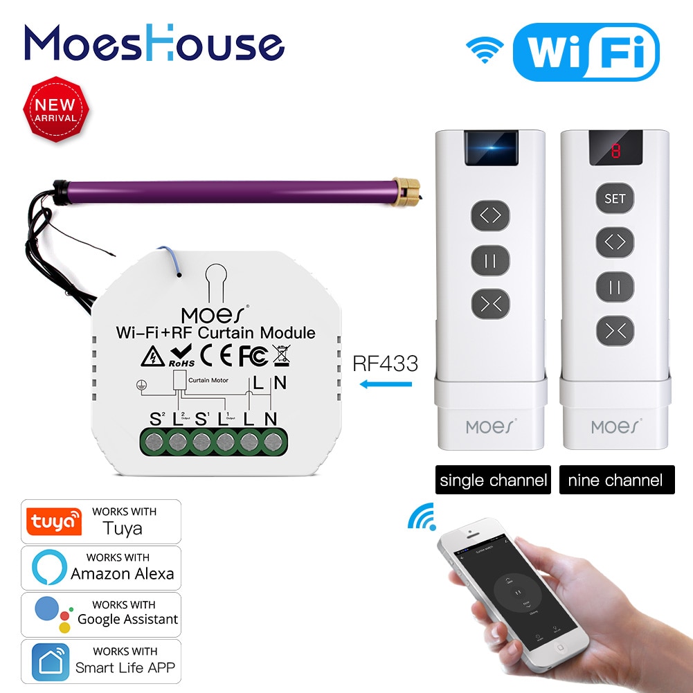 Moeshouse Tuya Smart Life WiFi RF433 Blind Curtain Switch with Remote for Electric Roller Shutter Google Home Alexa Smart Home