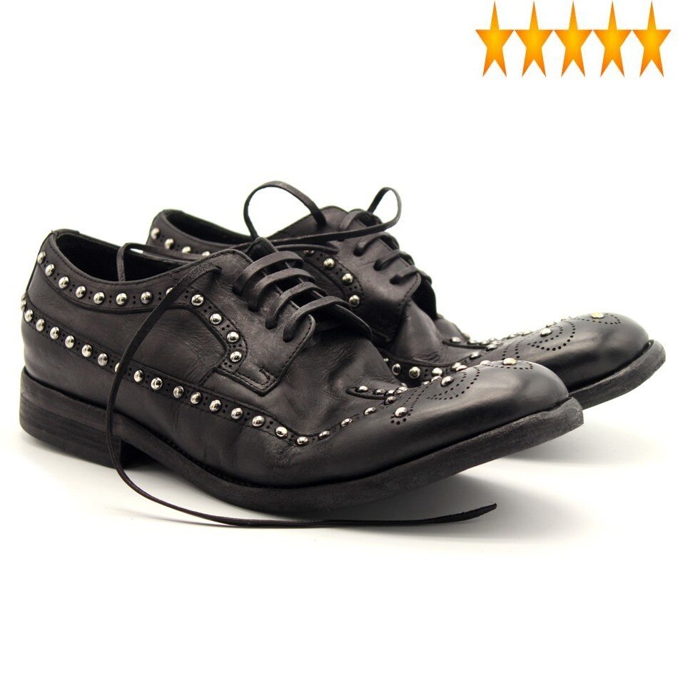 Genuine Leather Derby Brand Men Rivets Vintage Lace Up Brogue Round Toe Luxury Punk Black Casual Shoes Oversize 46