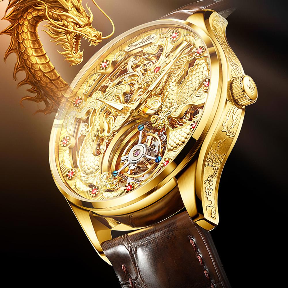 OUPINKE Men's Luxury Automatic Mechanical Watches Super Brand Waterproof Gold Dragon Royal Tourbillon Sapphire Men Wristwatches