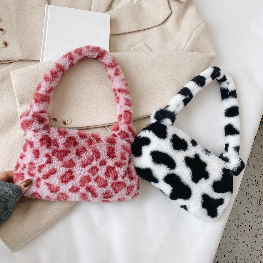 Vintage Winter Solid Color Fluffy Plush Shoulder Bags for Women 2020 Animal Pattern Underarm Handbags Purse Top-handle Pouch
