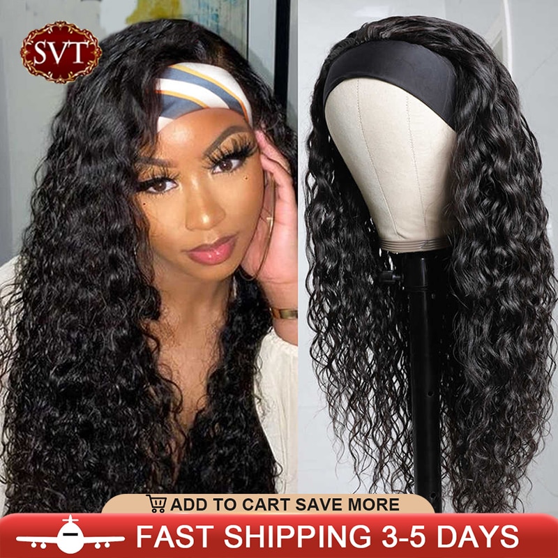 SVT Water Wave Glueless Human Hair Wigs Indian Headband Wig For Black Women Long Hair 12-26Inch Curly Headband Wig Natural Color