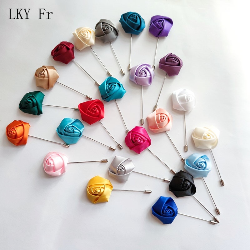 LKY Fr Boutonniere Pins Wedding Decoration Brooch Flowers Silk Ribbon Roses Red Corsage Buttonhole Marriage Men Suit Accessories