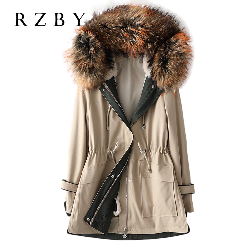 Rabbit Fur Liner Raccoon Fur Collar Pie Overcoming Coat Female Winter 2020New High Quality Midi-Long Parka Coat Hooded RZBY216