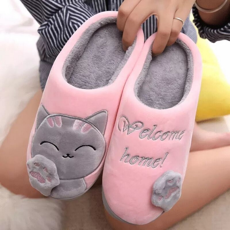 Dropshipping Women Winter Home Slippers Cartoon Cat Shoes Soft Warm House Slippers Indoor Bedroom Slippers Couples upgrade