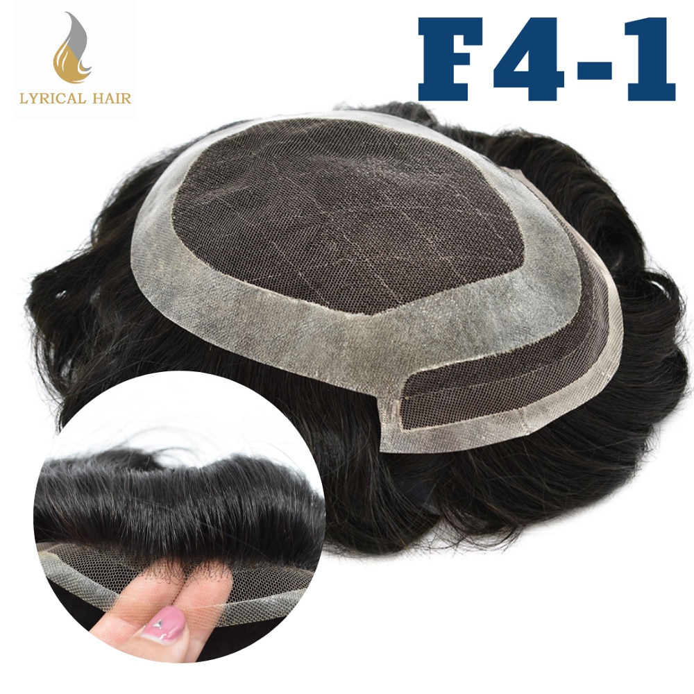 French Lace Front Mens Toupee Natural Hairline Poly Coating Around Black Hair System Replacement Mens Hairlpieces Wigs F4-1
