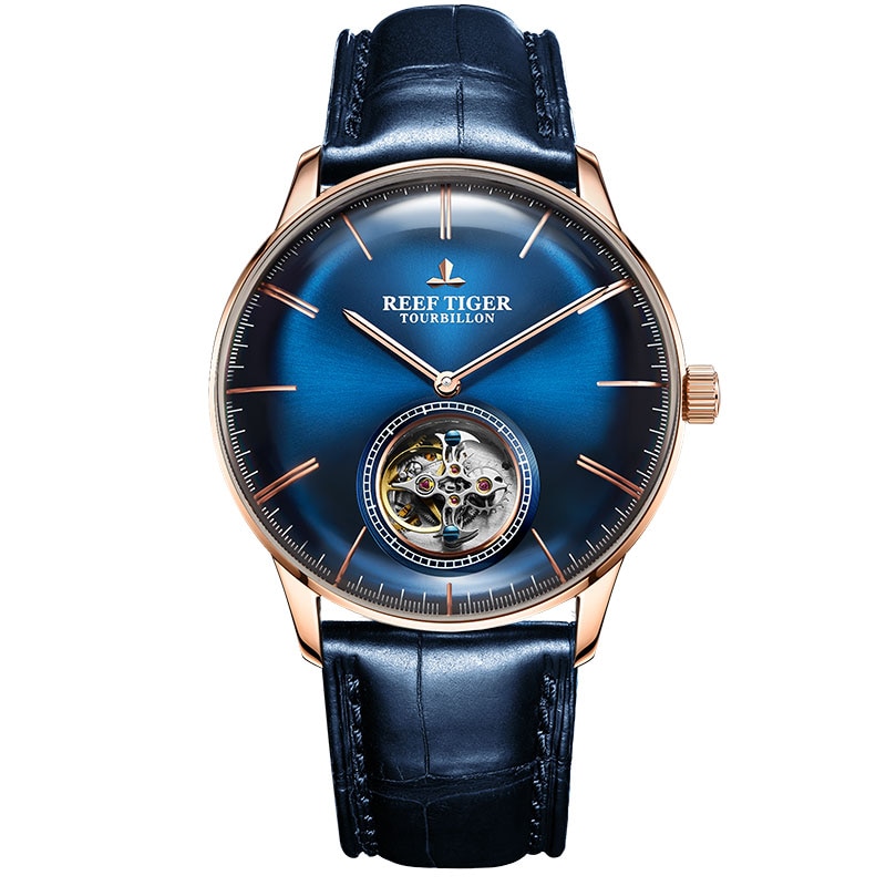 REEF TIGER/RT MEN LUXURY BRAND TOURBILLON WATCH BLUE ROSE GOLD AUTOMATIC WATCHES GENUINE LEATHER STRAP RELOGIO MASCULINE RGA1930