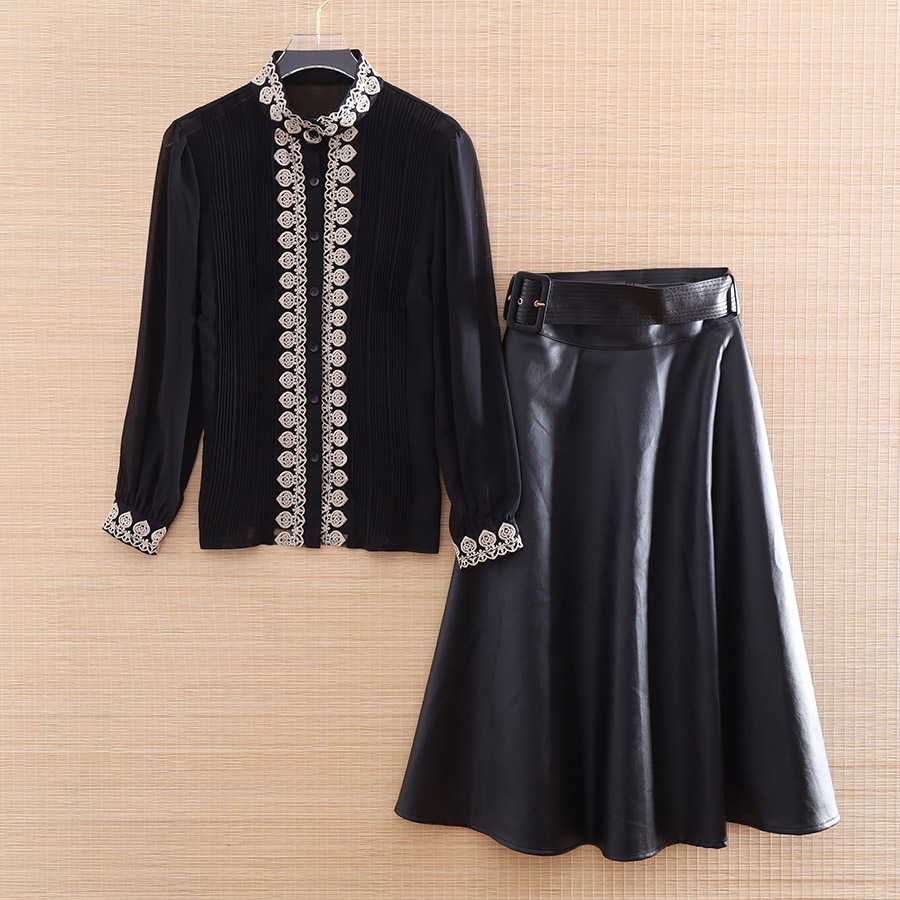 Autumn And Winter New Fashion Two-Piece Embroidery Stand Collar Shirt + High Waist PU Leather Skirt Women Suit Set S-XL