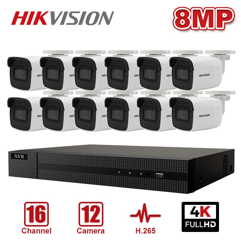 Hikvision 16CH 4K OEM NVR Kit 12pcs 8MP Bullet POE IP Camera System Indoor/Outdoor IP Camera CCTV Security System Kit IP66 H.265