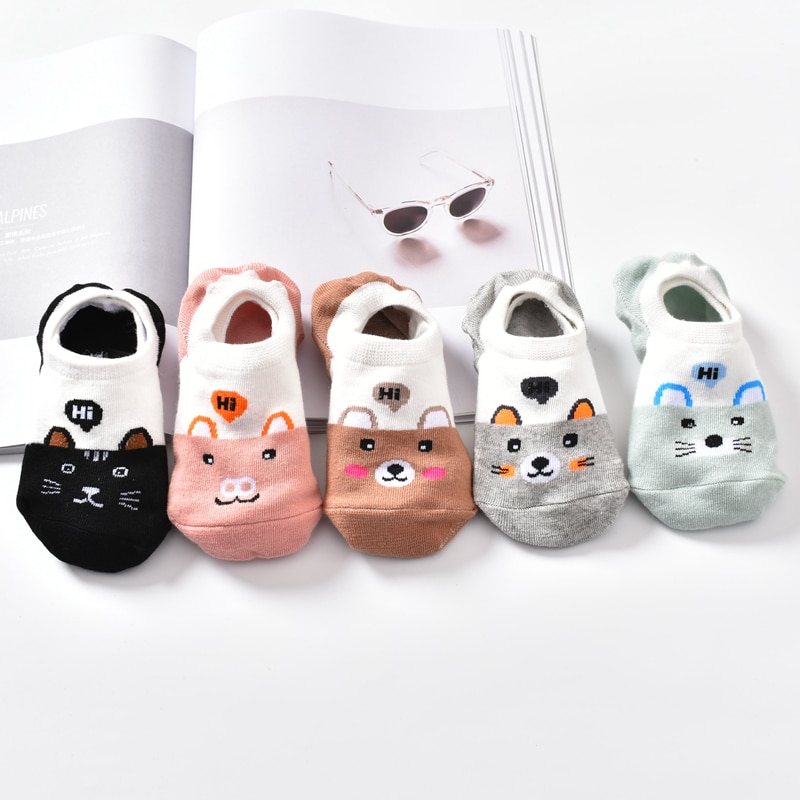 10 Piece=5 Pairs/lot Cute Animal Spring Women Socks Set Korean Style Funny Cat Dog Panda Low Cut Ankle Short Sox Happy Size34-40