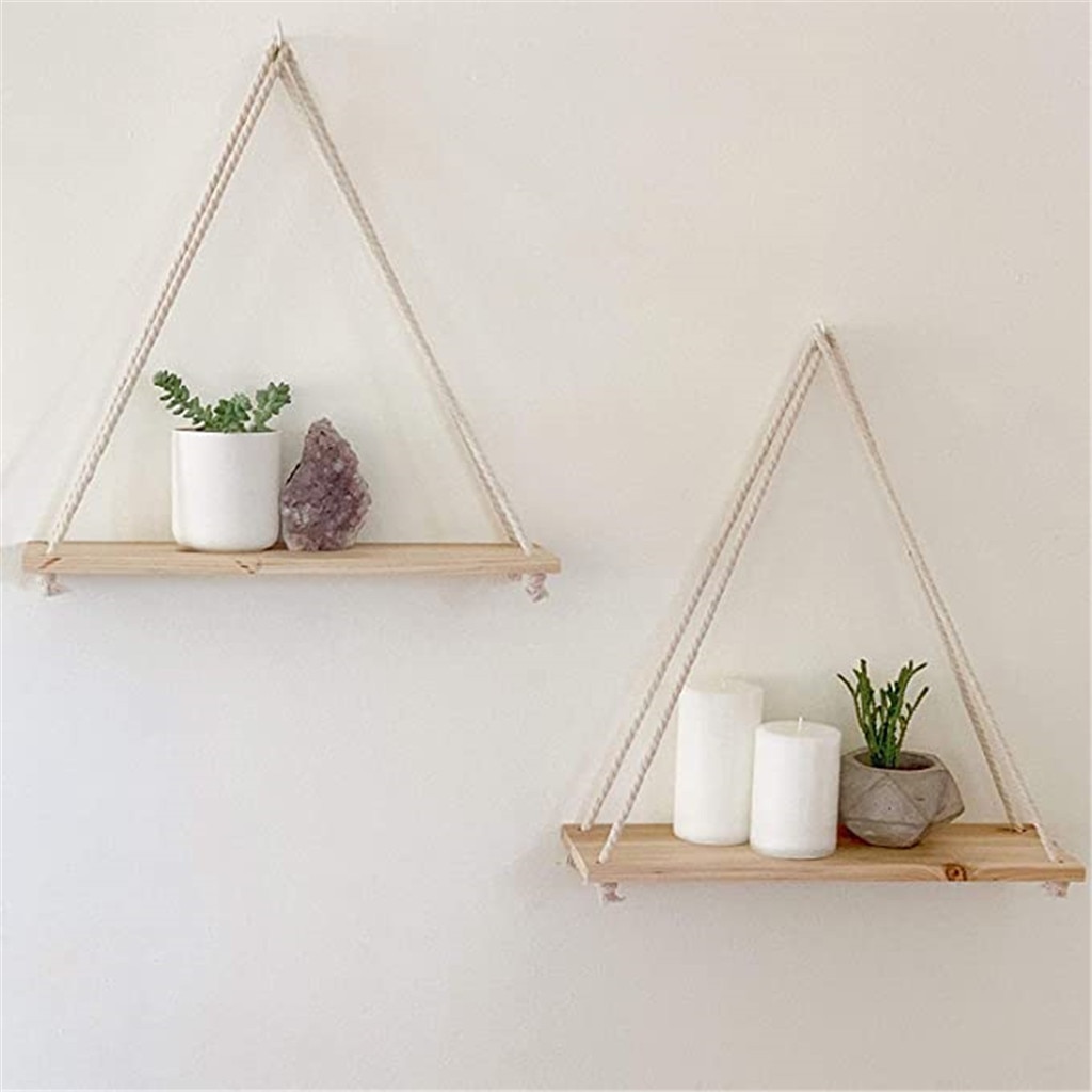 Premium Wood Swing Hanging Rope Wall Mounted Shelves Plant Flower Pot Rack indoor outdoor decoration simple design Shelves #Y20