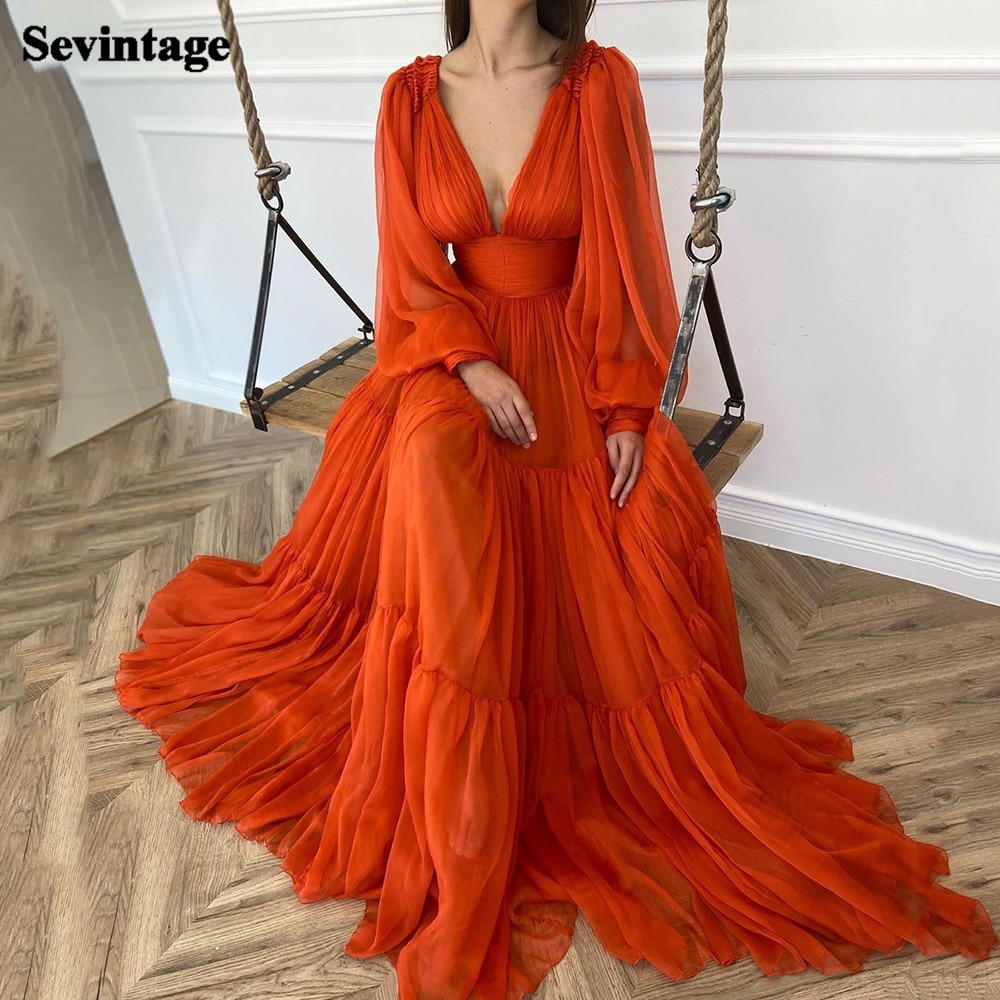 Sevintage Long Puff Sleeves Prom Dresses V-Neck Pleats Chiffon Princess Evening Gowns Women Party Dress Plus Size 2021