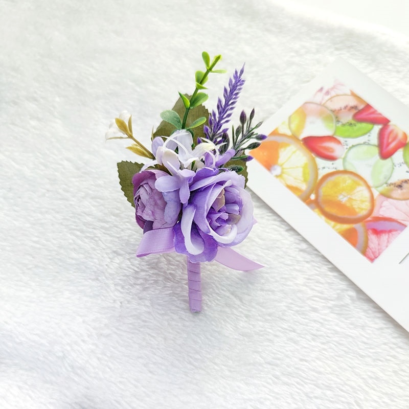 Purple Groom Boutonniere Wedding Corsage Pins Brooch Flowers Artificial Roses Groomsman Buttonhole Flower Marriage Accessories D