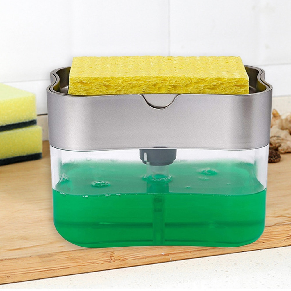 2 in 1 Scrubbing Liquid Detergent Dispenser Press-type Liquid Soap Pump Box Organizer with Sponge for Kitchen Bathroom Supplies