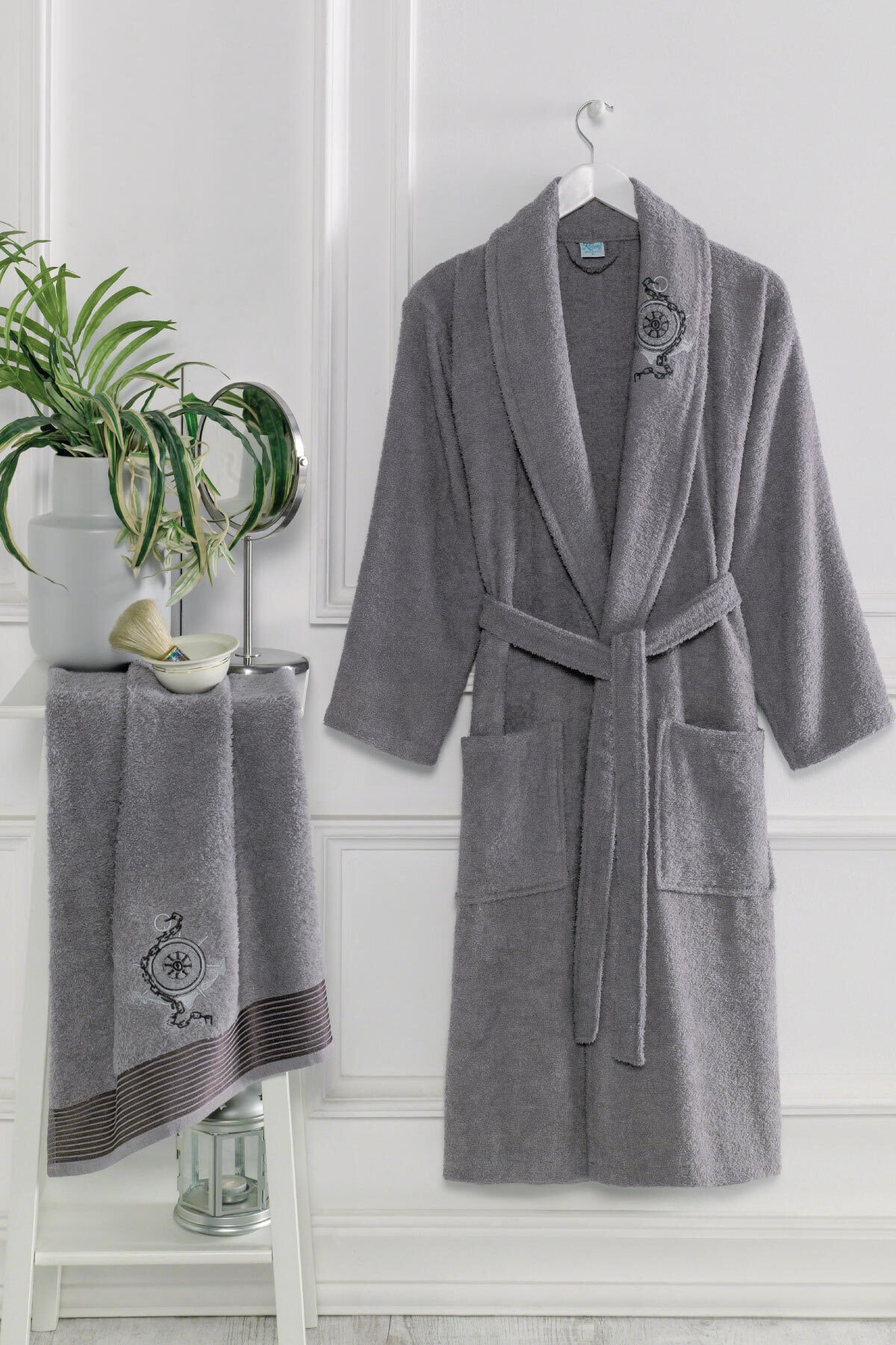 Havlulu male bathrobe 2li set gray gift Valentine's