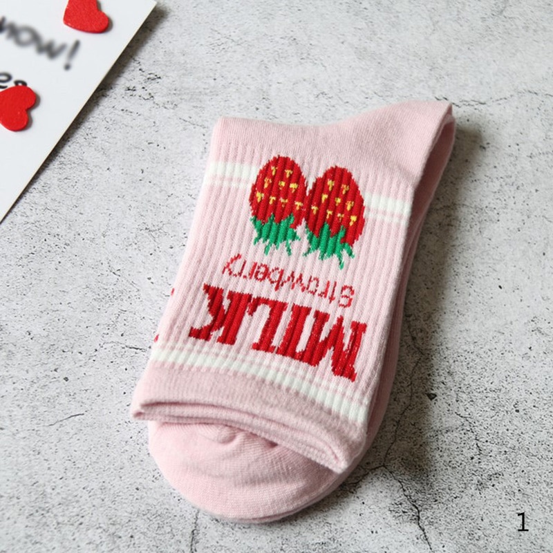 Janpanese Kawaii Skateboard Socks Pinky White Women's Sock Jacquard Fruit Strawberry Milk Letter Funny Short Socks Cotton Sock