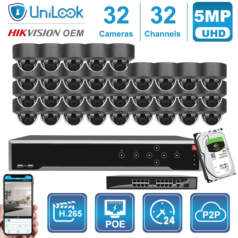 32CH 5MP POE IP Camera Gray NVR Kit Outdoor CCTV Surveillance OEM Hikvision DS-7732NI-I4/16P Customized Plug&Play System