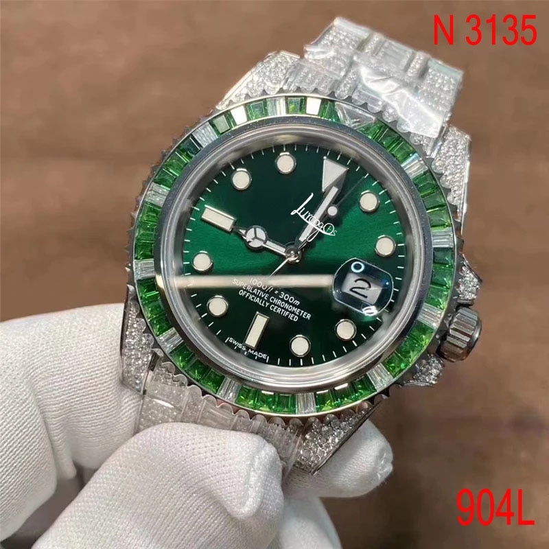 Designer Watch Tourbillon Watch Green Submariner Full Diamond Buckle Sapphire Glass Automatic ETA Noob 3135 Movement 1: 1 Ro-lex