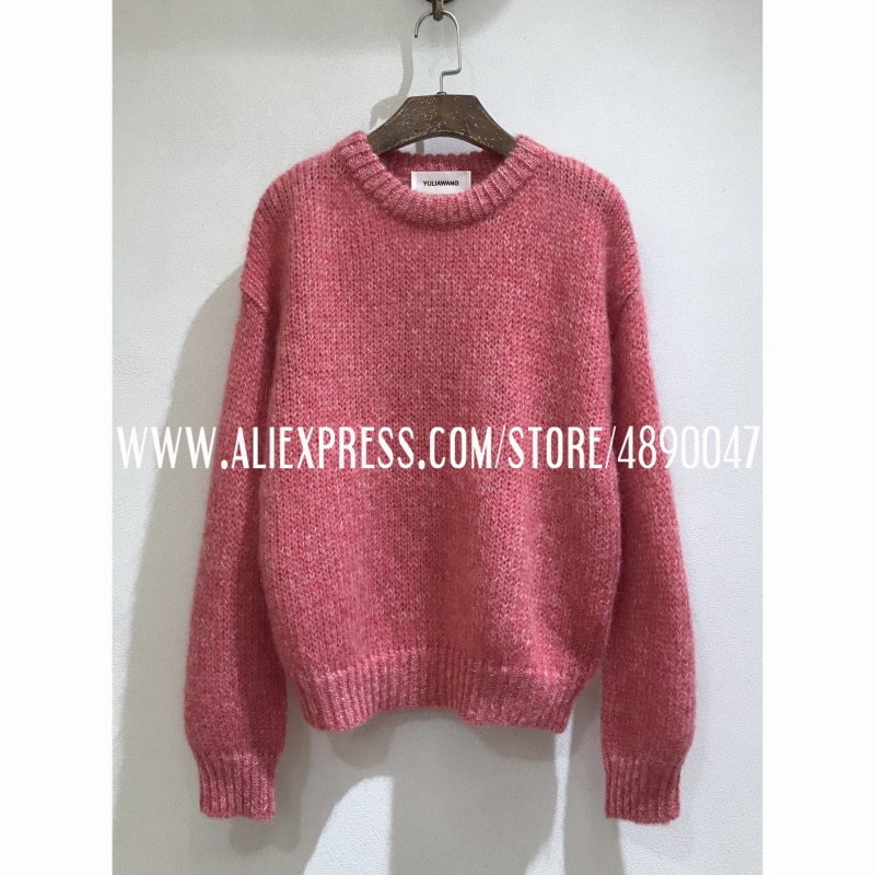 Ladies Gradient pink Mohair wool Knitted Sweater Cat hand embroidery Round Neck Long Sleeve Knit High Quality Soft Top