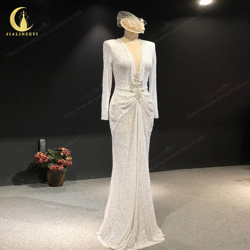 Rhine real Pictures arabic Deep V Neck long Sleeves Full beads Sexy Mermaid evening dresses long 2021