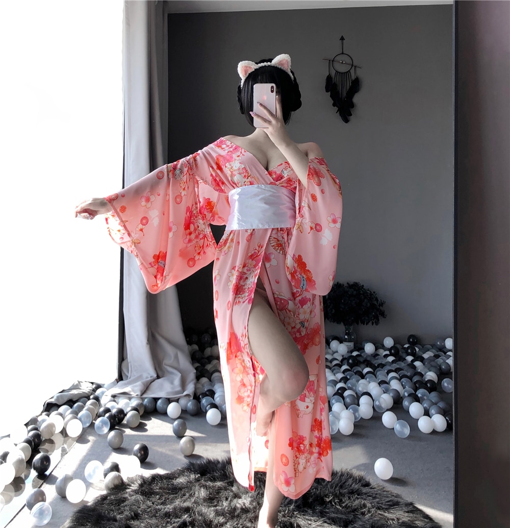 Japanese Kawaii Pink Kimono With White Bow-knot Waistband And Thong Sexy Maid Cosplay Costumes For woman Outfit 2020 New