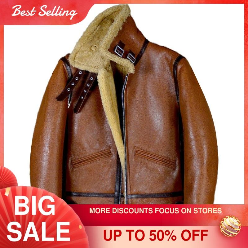 2021 Brown Military Style B3 Bomber Genuine Shearling Coat Plus Size 4XL Real Natural Sheepskin Winter Thick Warm Leather Jacket