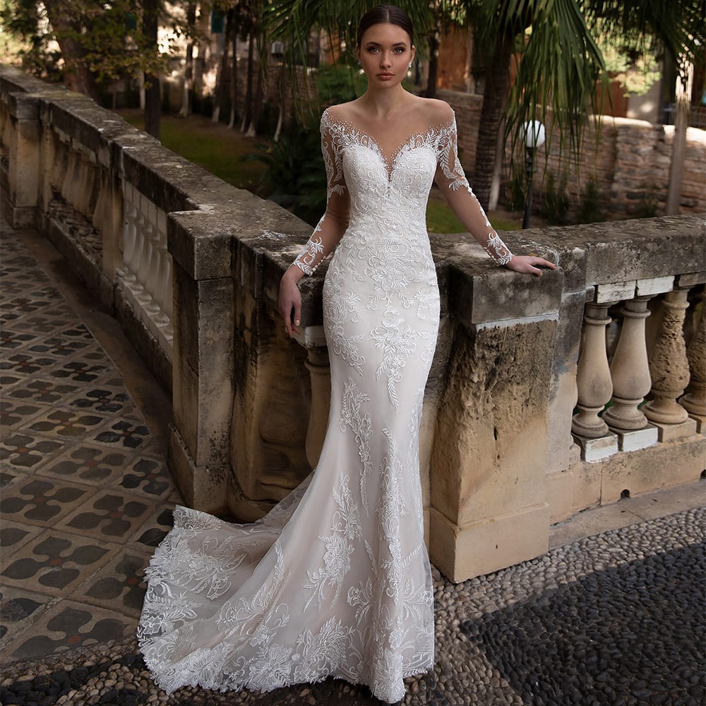 2021 New Arrival Illusion O Neck Full Sleeves Detachable Skirt Mermaid Wedding Dresses Appliqued Crystal Lace Bridal Gowns