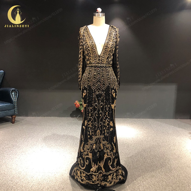 Rhine real Pictures Black With Gold Beads Deep V Neck Mermaid evening dresses long 2021vestidos de fiesta de noche largos elegan