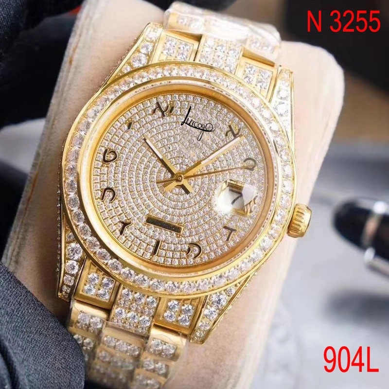 Hot Selling Iced out Watch 18K Gold Date-just- Full Diamonds Bezel Sapphire Glass Automatic Winding ETA Noob 3255 Movement 1: 1