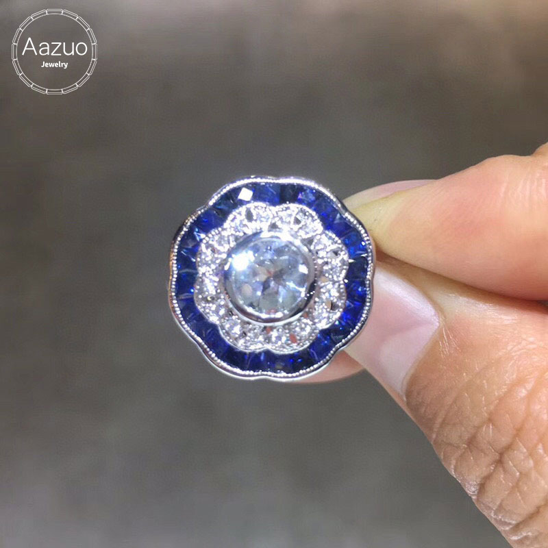 Aazuo Original Real 14K White Gold Natural White Aquamarin Blue Saphire Real Diamonds Crassic Flower Ring gifted for Women Au750