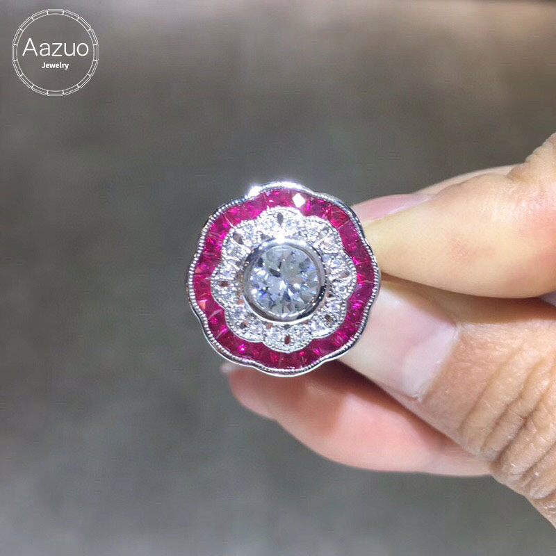 Aazuo Original Real 14K White Gold Natural White Aquamarin Ruby Real Diamonds Crassic Flower Ring gifted for Women Au750