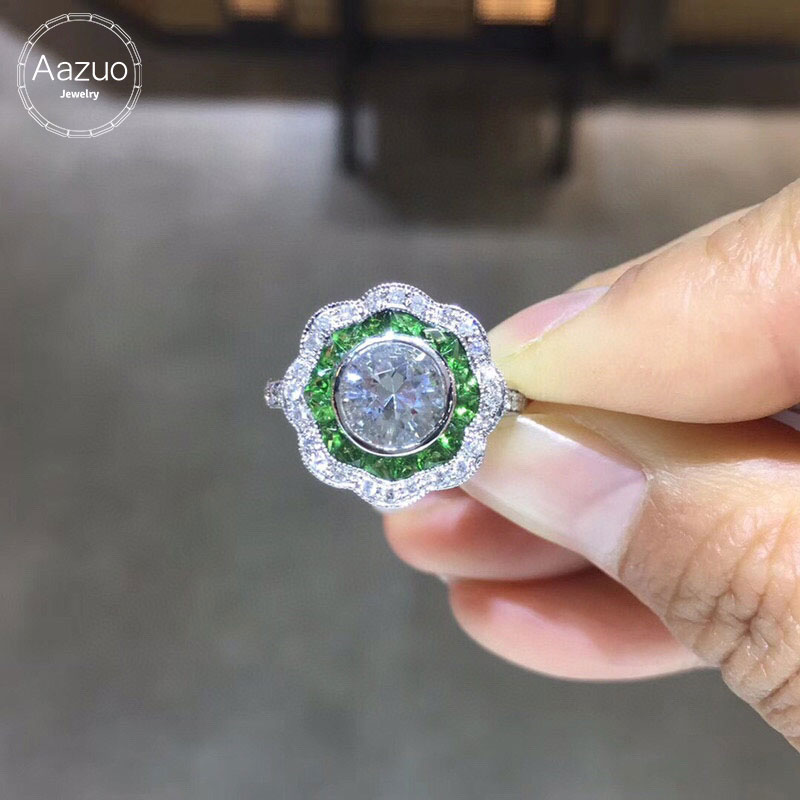 Aazuo Original Real 14K White Gold Natural White Aquamarin Tsavorite Real Diamonds Crassic Flower Ring gifted for Women Au750