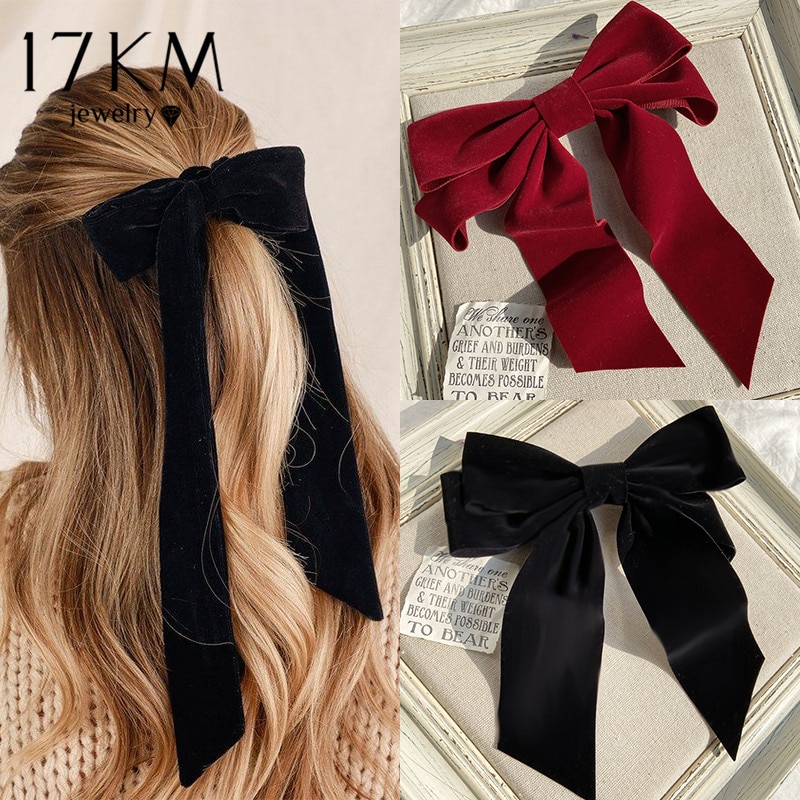 17KM Vintage Black Big Large Velvet Bow Hair Clip For Women Girls Wedding Long Ribbon Korean Hairpins Barrette Hair Accessories