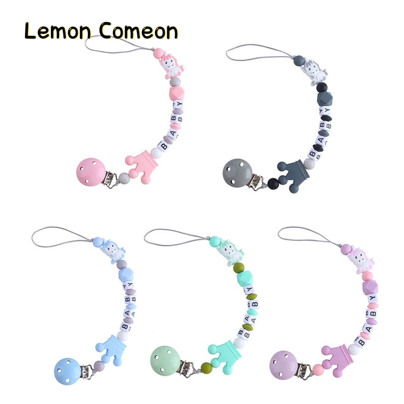 Personalized Name Baby Pacifier Clips Nipple Holder Chain Unicorn Silicone Teething Beads Baby Birthday Shoher Tiny Dum Toy