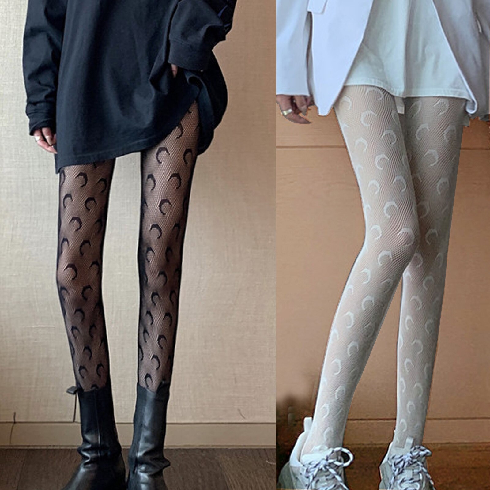 Women'S Sexy Stockings Moon Print Hollow Fishnet Mesh Lace Pantyhose Tight Travel Breathable Sports Socks Harajuku Style